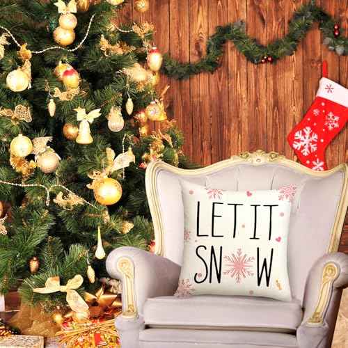 Christmas Pillow Covers 18x18 Inch Set of 4, Nutcracker Pink Hello Winter Let It Snow Christmas Tree Winter Holiday Decor Throw Cushion Case for Home Couch