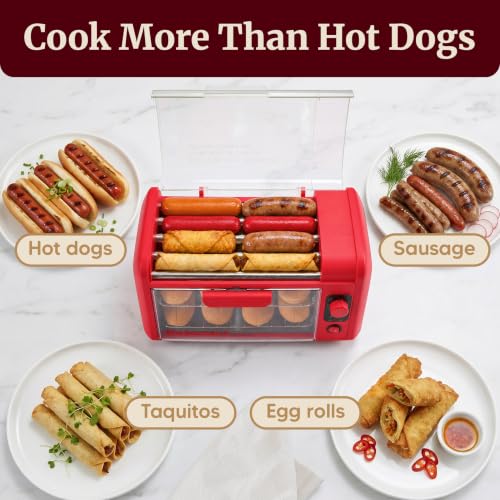 Elite Gourmet 8 Hot Dog Roller & Toaster Oven with Auto Shut-Off, Red
