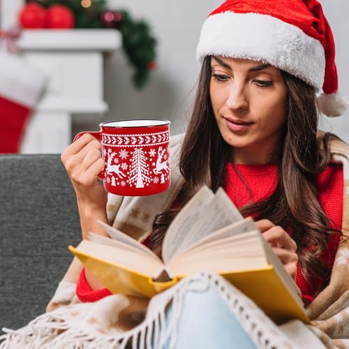 Christmas Enamel Mug Set – 15oz Holiday Coffee Cups with Red & Green Designs