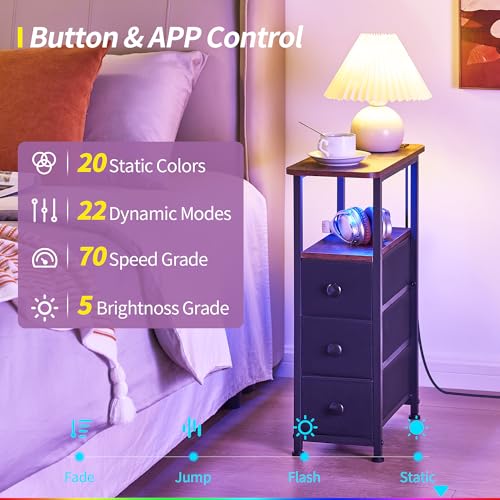 7.9 W x 18.9 D Narrow End Table with Charging Station & LED Light - Rustic Brown