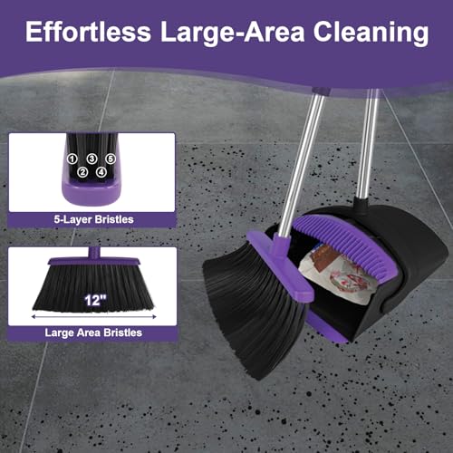 Purple 51-Inch Long Handle Broom & Dustpan Set with Squeegee - Eco-Friendly Cleaning Tool