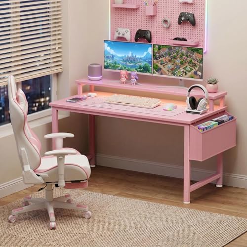Pink Girls Gaming Desk with LED Lights & Power Outlets - 39.4 Inch Home Office Computer Table with Monitor Stand