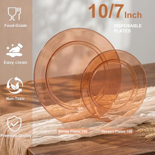 Clear Brown Disposable Plastic Plates Set - 200 Pcs, 10" Dinner & 7" Dessert