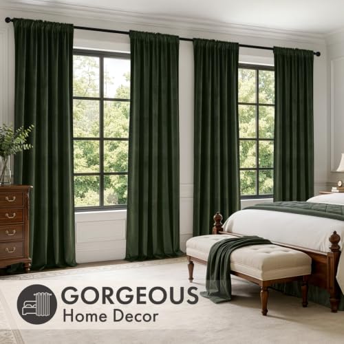 Olive Green Velvet Curtains Set of 4 Panels 40x96 Inch - Back Tab & Rod Pocket
