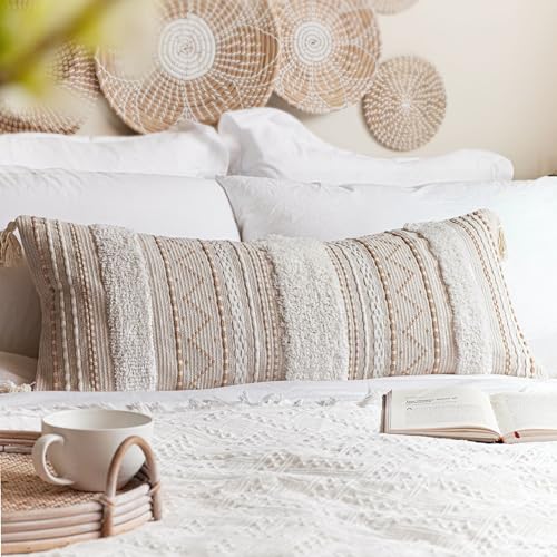 Beige 36x14 Lumbar Pillow Cover for Bed, Rectangular Decorative Throw Cushion - Boho Tufted Tassels (Pack of 1)