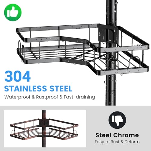 Aitatty Black Adjustable Shower Caddy Tension Pole Rustproof Corner Bathroom Shelf
