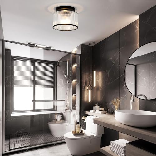 Zlepmlla Ceiling Light Fixture - Black2 Ribbed Glass Modern Flush Mount for Hallway Bedroom Bathroom Kitchen