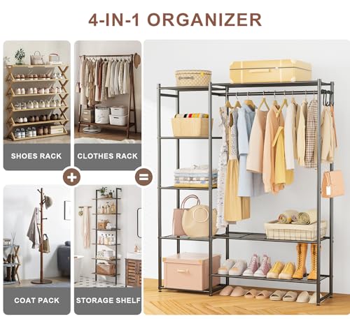 Black Medium Metal Closet Wardrobe with Storage Shelves & Hanging Rod