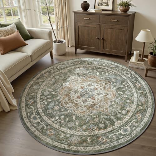 Olive Round Rug 6ft - Soft Non Slip Carpet for Living Room, Bedroom & Office - Machine Washable