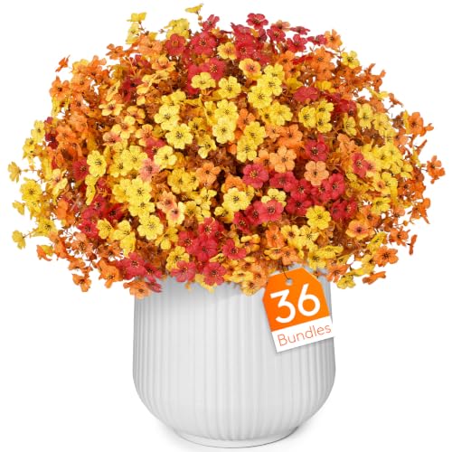 Artificial Fall Flowers for Outdoor Garden Decor - Sunset Orange, 36 Bundles