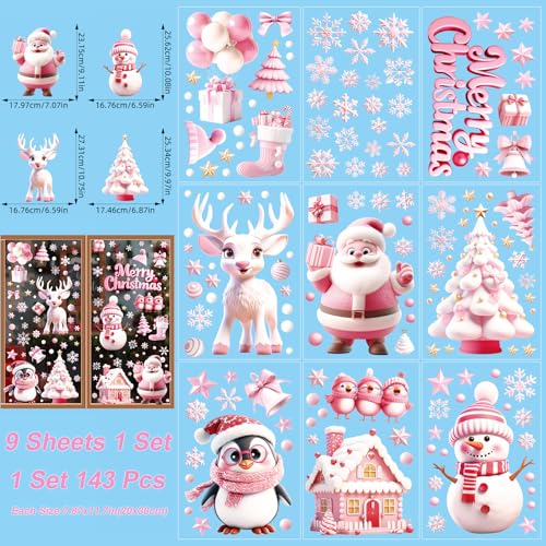 9 Sheets Christmas Window Clings, 3D Pink Santa Claus Snowman Penguin Deer Snowflake Christmas Tree Glass Door and Window Double-Sided Winter Holiday Decoration Sticker