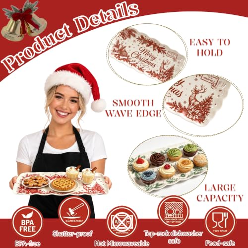 Beesen Christmas Melamine Serving Trays Set of 2 15.5x8 North Pole Red & Green Scalloped