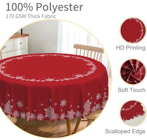 TTQYFNM 42 Inch Red and White Snowflake Christmas Round Tablecloth - Holiday Decor, Washable & Wrinkle-Resistant