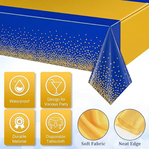 Idrese 8-Pack Tablecloths + 2 Blue Gold Satin Runners Set - 54x108in Plastic Table Cover