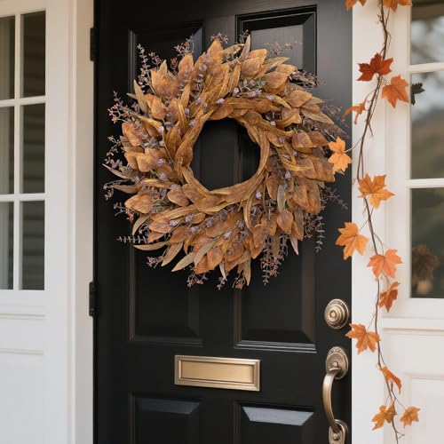 YXZZWL 26-Inch Artificial Fall Eucalyptus Wreath with Seeds for Front Door (Orange) - Fall Decor