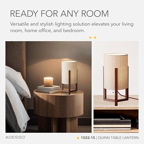 Walnut Birch Wood & Linen Table Lamp - Modern Compact Nightstand Light