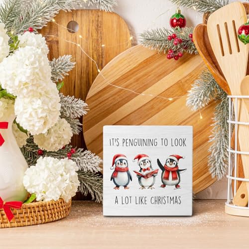 Penguin Christmas Wood Box Sign, 5x5 Inch Desk & Wall Decor