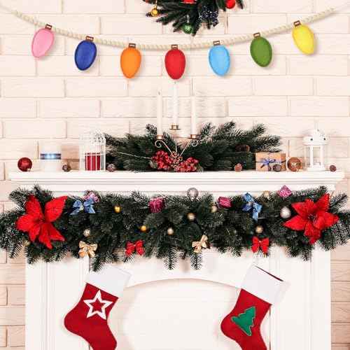 Christmas Felt 3D Light Bulbs Garland, Christmas Decorations for Home, Felt Light Bulbs Garland and Wood Bead for Christmas Decor, Christmas Banner for Mantle Christmas Party Supplies Home Wall Decor