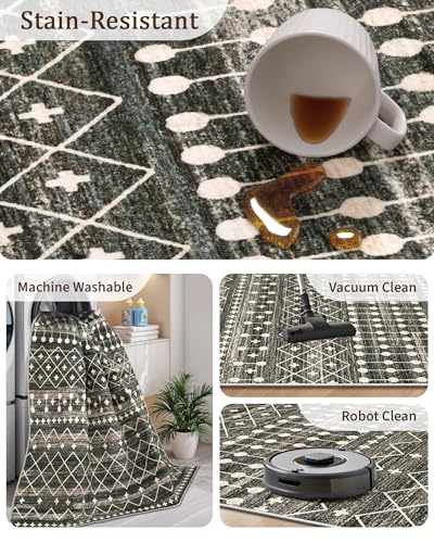 8x10 Black Area Rug - Washable Non-Slip Moroccan Style Living Room Rug