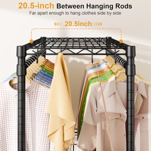 ULIFHOME Rolling Clothes Rack with Double Rod, Adjustable Shelves & Lockable Wheels - Black / P5 Plus