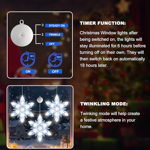 3Pack Christmas Window Lights Decorations with Timer,Battery Powered Christmas Hanging White Lighted Snowflake Shaped LED Sucker for 2026 Xmas Tree Fireplace Indoor Decor
