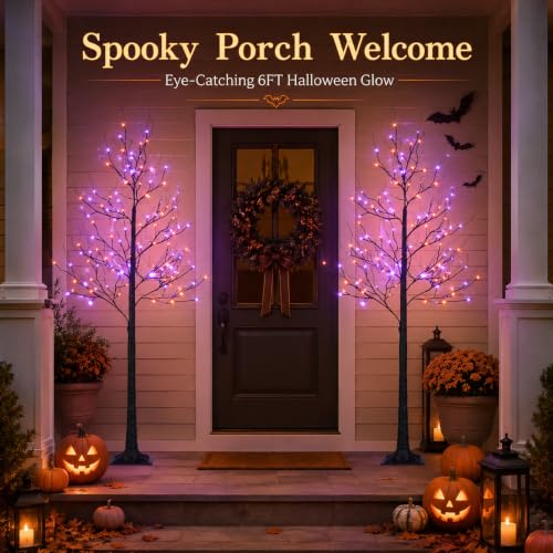 HOLIMAX 6FT LED Lighted Halloween Tree 2-Pack Orange & Purple Indoor Outdoor Decor