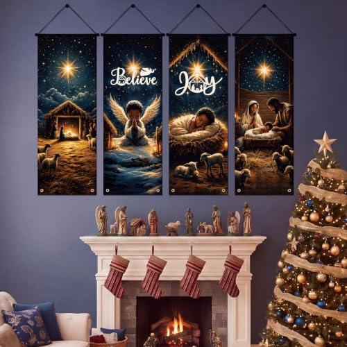 Black Santa Christmas Banner Set - African American Nativity & Holiday Decor, 4 Pieces