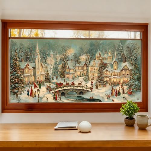 Window Privacy Film 39.37 x 17.3 in Christmas Village Static Cling - Colorful Window #04
