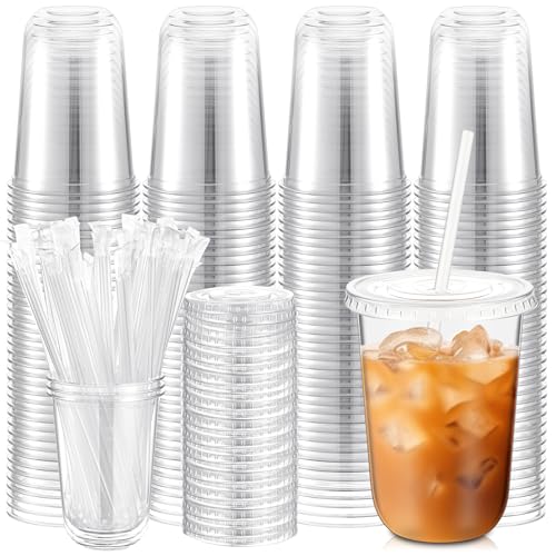 Ziliny 200 Sets 16 oz Clear Plastic Cups with Lids & Straws for Cold Drinks