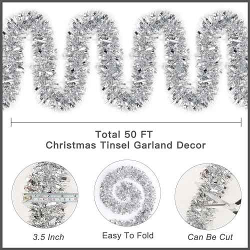 50FT Silver Metallic Twist Shiny Garland for Christmas Tree Decorations, Xmas Holiday Hanging Garland for Home Mantle Stair Indoor Outdoor Party Supplies Decor