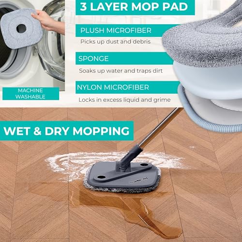 True & Tidy Spin Mop System - Dual Compartment, 360° Swivel, Microfiber Pads - Standard Version