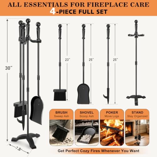 Gtongoko Fireplace Tools Set with Stand - 30 Inch Black Heavy Duty Steel