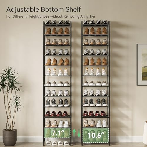 Nunsino Narrow 12-Tier Metal Shoe Rack - Black, Space-Saving Shoe Organizer for Closet & Entryway