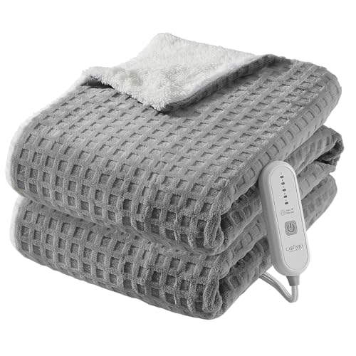 CAROMIO Electric Blanket Full Size, Waffle Fast Heating Heated Blankets with ETL Certified & Machine Washable, Soft Flannel & Sherpa Heat Throws, 5 Heating Levels & 10 Hours Auto Off, Grey, 72" x 84"