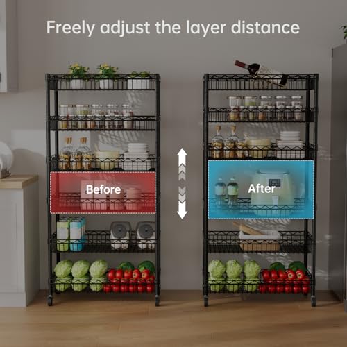 Black 6-Tier Metal Wire Shelf with Wheels - Narrow Closet & Pantry Storage Unit