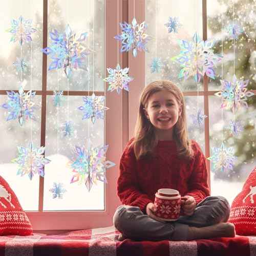24 Pcs Christmas Hanging Snowflake Decorations, 3D Paper Snowflake Garland Ornaments for Christmas Home Tree Winter Party Decorations