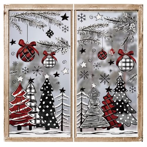 XZENTIRA 165 PCS Christmas Window Clings and Decorations - Black Red Tree Snowflakes Stickers for Home Party Supplies Glass Display - 8 Sheets