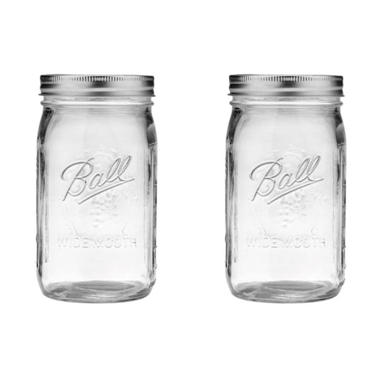 Ball Wide Mouth Glass Mason Jars with Lids and Bands, Used for Canning, Pickling, Juice, Jam, Jelly, Quart Size 32 Ounce (Pack of 2)