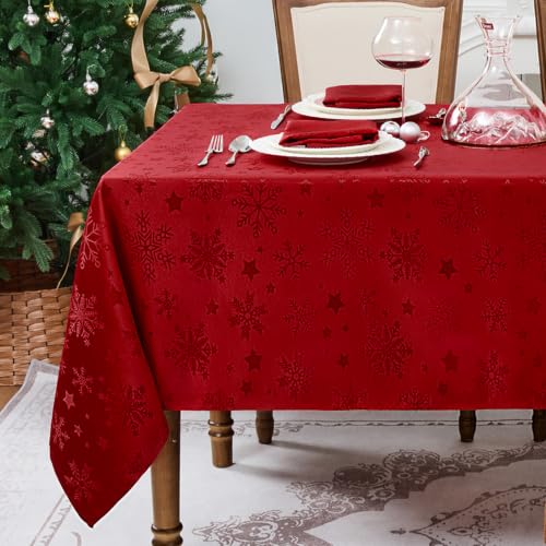 Romanstile Red Christmas Jacquard Rectangular Tablecloth 60x102 Inches with Snowflake Pattern