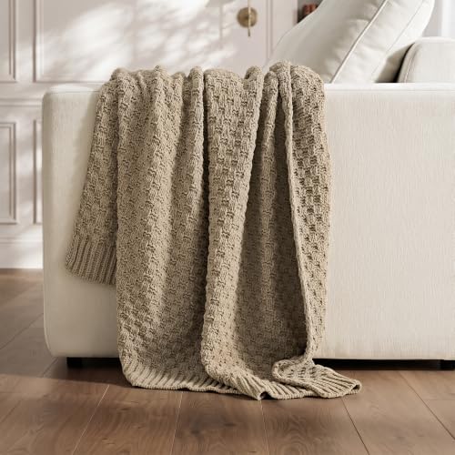 Chunky Chenille Knit Throw Blanket - Hearth Taupe, 50x60 Inches - Modern Basketweave Design