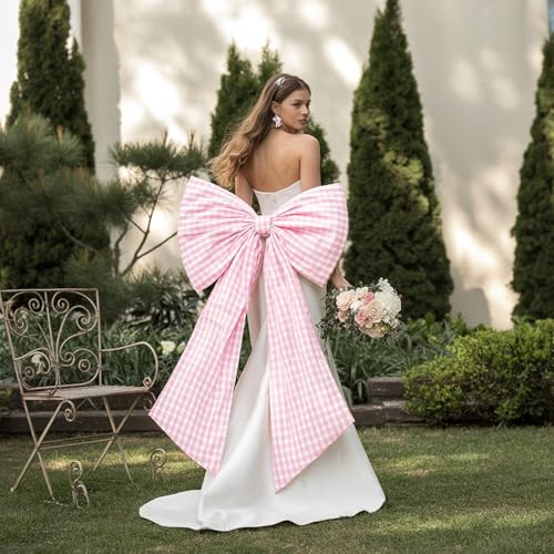 Pink Textured Cotton Gingham Bow - 40x24 Inch Oversized Decor with Double-Sided Tape