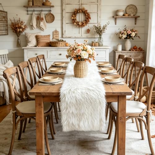 Yuboo White Faux Fur Fluffy Table Runner 14 x 72 Inches for Bedroom & Dining