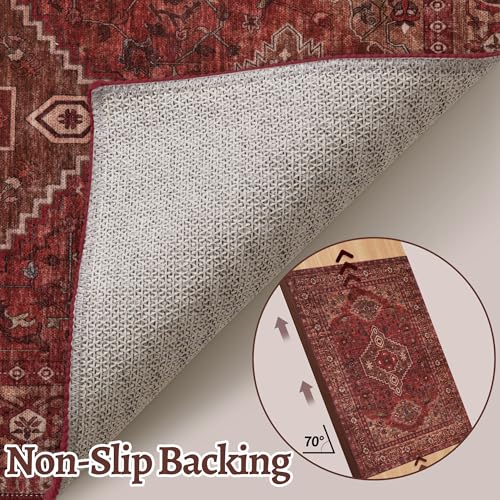 Dark Red 5' x 7' Washable Area Rug for Living Room - Non Slip Vintage Oriental