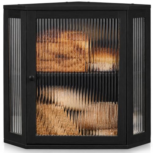 Corner Bread Box - Extra Large 2-Tier Bamboo Storage with Adjustable Shelf - Black