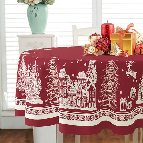 Oval Red Christmas Tablecloth 60 x 102 in — Waterproof Polyester for Holiday Dining, Yighty