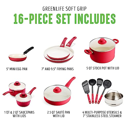 GreenLife 16-Piece Nonstick Cookware Set with Ceramic Pots & Pans, Oven & Dishwasher Safe, Stay-Cool Handles, Red