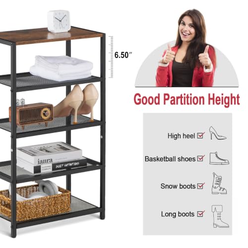 5-Tier Narrow Shoe Rack with Wood Top - 17 x 10.24 x 31.71 Inches, Black Metal Storage Organizer