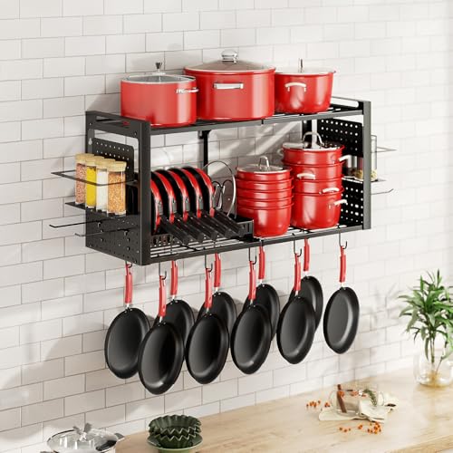 Freexployer 41-Inch Wall-Mounted Pot Rack with 20 Hooks & Lid Organizer, Heavy Duty Kitchen Storage
