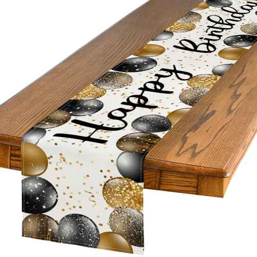 Artoid Mode Beige and Golden Balloon Happy Birthday Table Runner, Seasonal Kitchen Dining Table Decoration for Home Party Decor 13x72 Inch