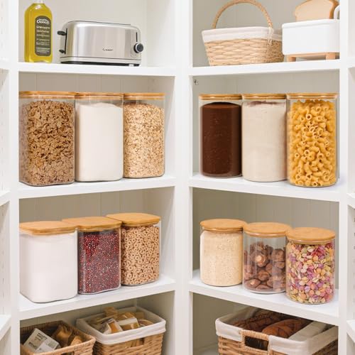 Glass Storage Jars with Bamboo Lids 4.6 Qt Square 2-Pack - Large Pantry Containers